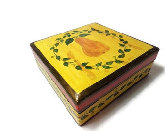 Vintage Lacquered Wood Box with 6 Coasters Yellow & Green with Pear