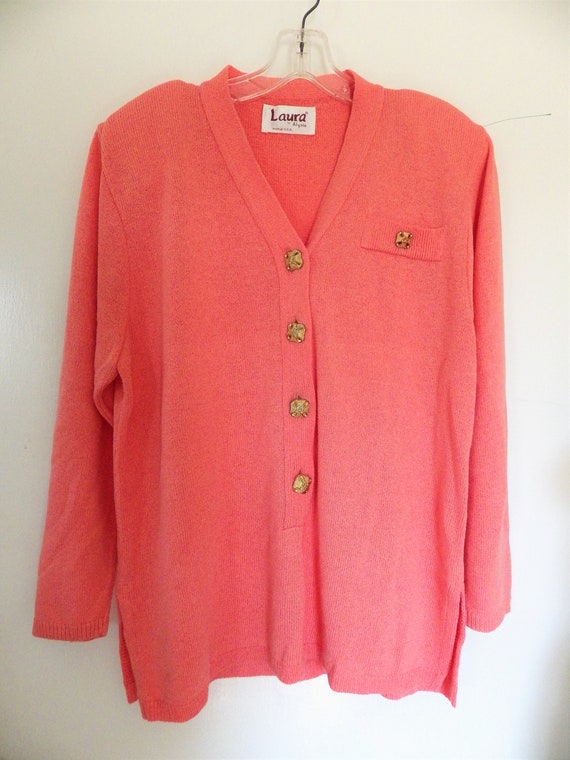 Vintage 1980s LAURA by Alyzia Knit Top Coral Blou… - image 1