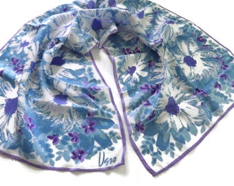 Vintage VERA Neumann Scarf/Blue & Purple on White/ Daisies/ 15" X 44"