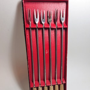 1970s Vintage (6) Fondue Forks Wood Handles Original Box