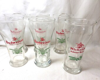 6 Vintage Beer Glasses/ Budweiser/ Michelob/ 6 Ounces/ Christmas