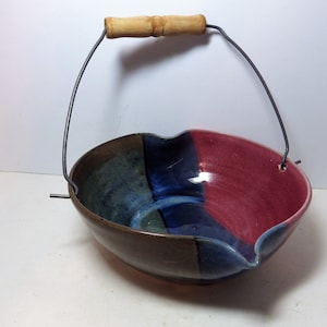 Vintage 1995 Sheltons Pottery Batter Bowl Basket Wood Wire Handle North Carolina Seagrove