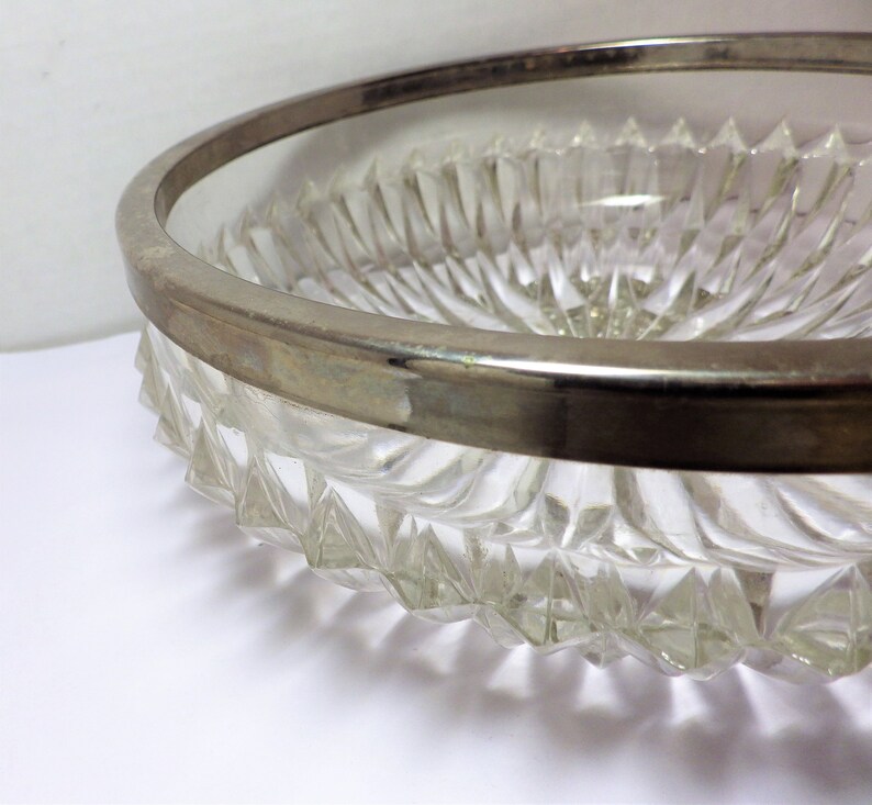 Vintage Large Diamond Cut Glass Bowl Silver Plated Rim Made in Etsy UK