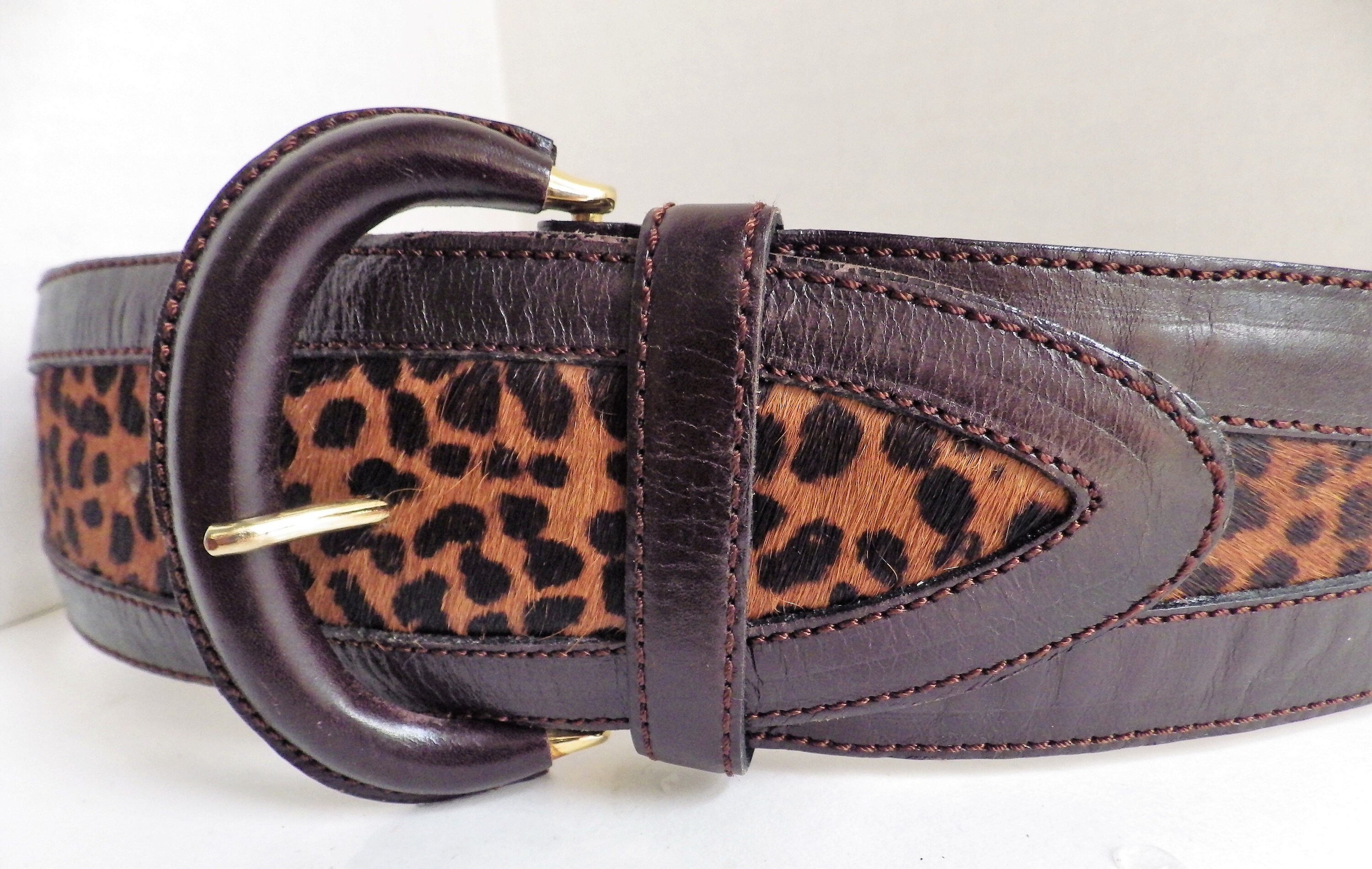 AVIGNON Skinny Fashion Leopard Pattern Gold Tone Belt Genuine Leather. Medium 1990s Vintage AVIGNON Belt Leather Leopard Faux Fur Size  main image 2