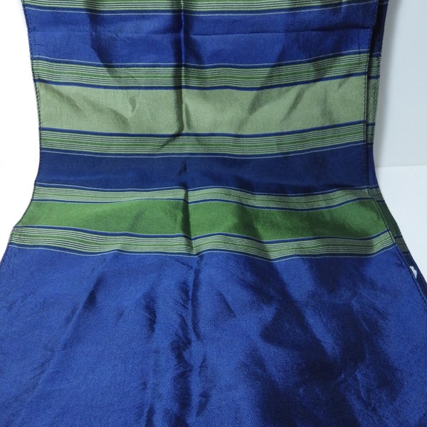 1970s Vintage Thalhimer Silk Scarf Olive Green and Navy Blue Stripes Rectangular Fringe 9 X 51