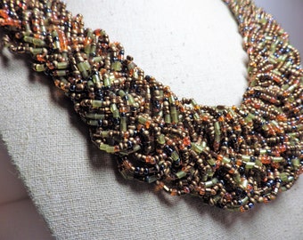 1980s Vintage Necklace Woven Beaded Strands Choker Bronze Green