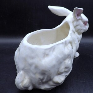 May include: A white ceramic planter shaped like a rabbit. The rabbit has pink accents on the ears and eyes. The planter has a large opening on the back for planting flowers or other plants. The planter is a decorative item.