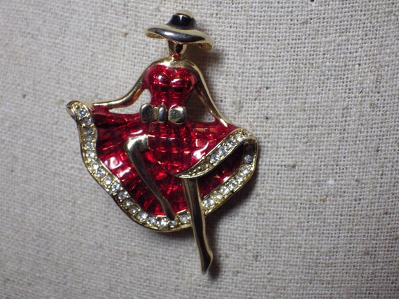 Vintage Pin Brooch Woman Dancer Red Enamel Rhines… - image 6