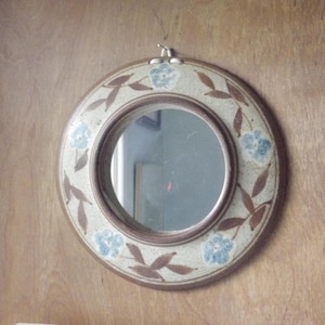 Vintage Studio Pottery Mirror/ Round/ Blue/ Brown