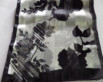 Rectangular Scarf/ Black and White Floral/ Satin and Semi-Sheer Stripes/13" X 56"