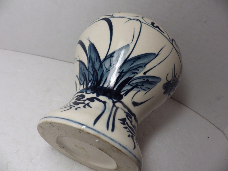 1980s Vintage Hand Painted Asian Vase Pottery Dragonfly Blue on White