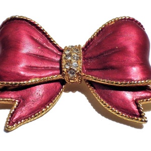 1980s Vintage Pin Brooch Red Ribbon Bow Rhinestones Goldtone