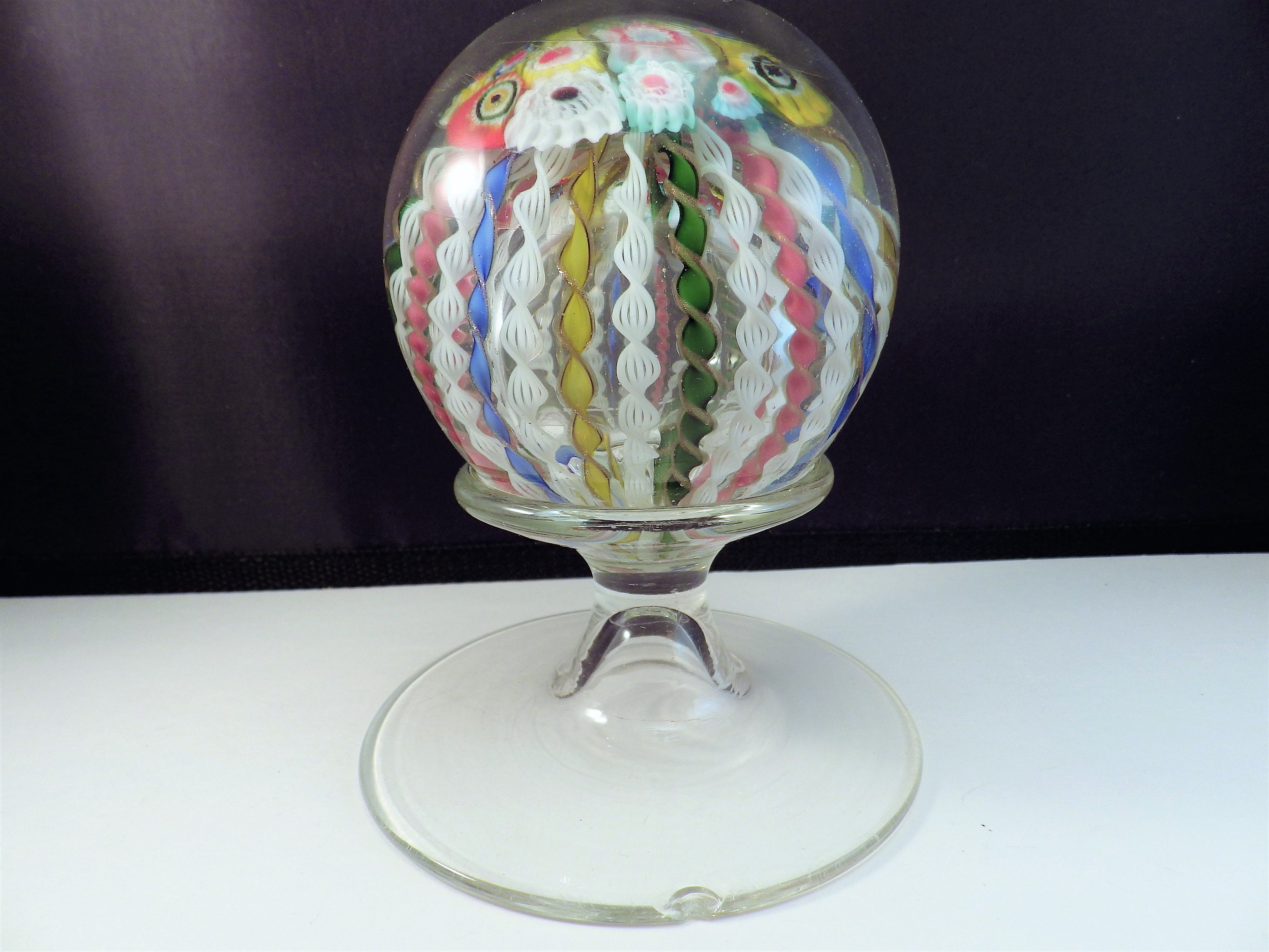 Antique Millefiore Paperweight on Clear Glass Pedestal Muliticolor Italian