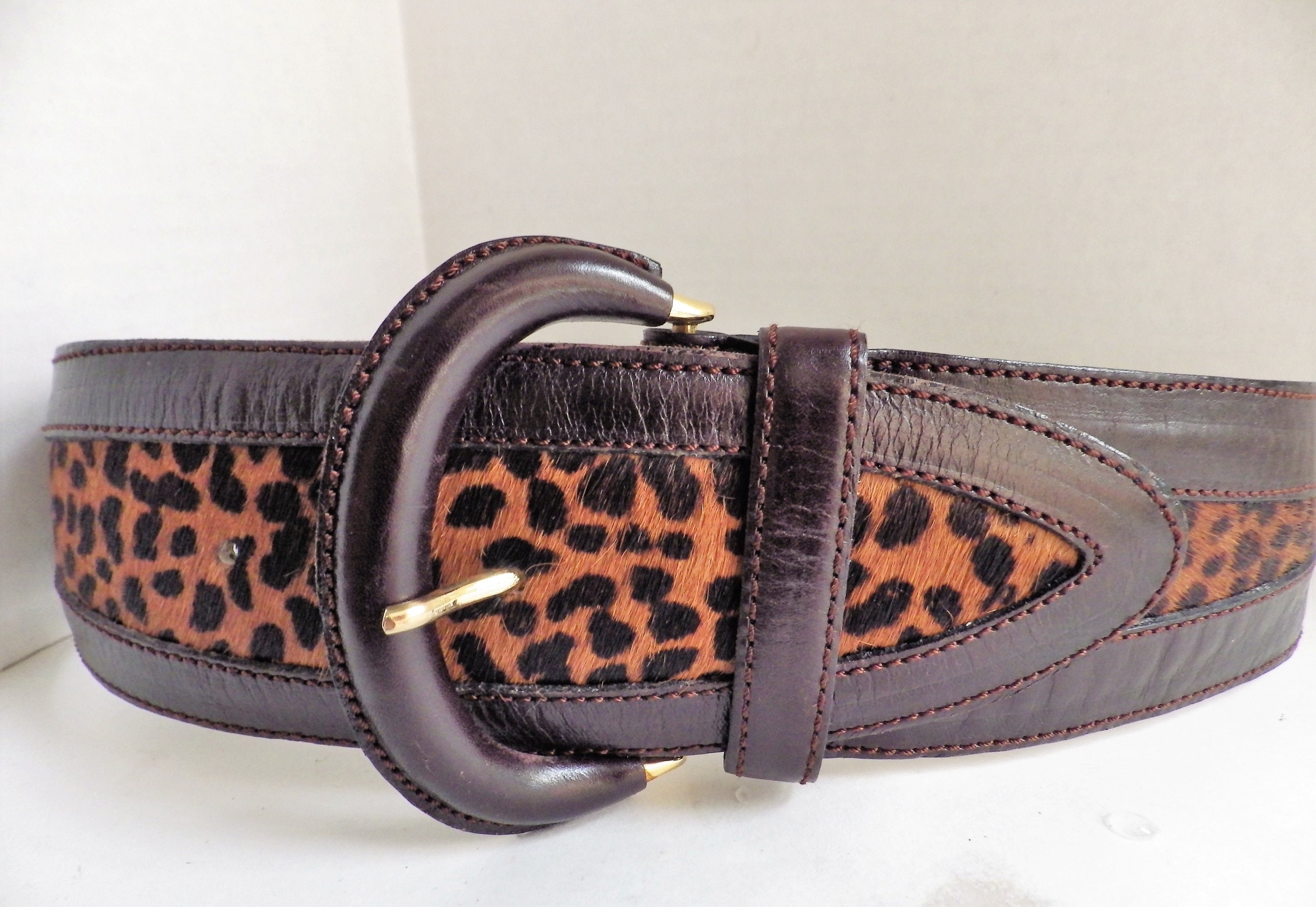 1990s Vintage AVIGNON Belt Leather Leopard Faux Fur Size 