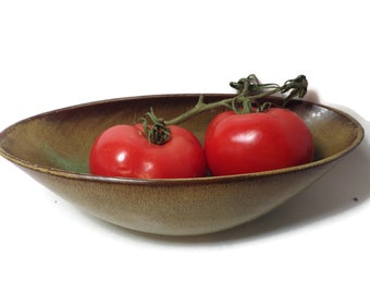 Mid Century Modern/ Pottery Bowl/ Dish/ Oval Shape/ Green/ Blue Glaze