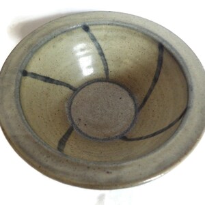 Puede incluir: Un pequeño cuenco de cerámica gris claro con un diseño de esmalte negro. El cuenco tiene un borde ligeramente elevado y un patrón geométrico simple.