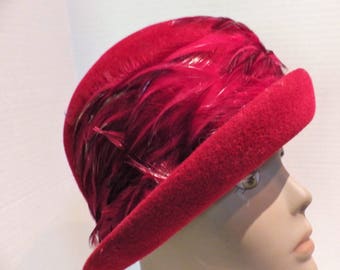 1950s Vintage Deluxe Velour Red Cloche with Feathers Merrimac Body Imported Fur