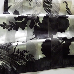 Rectangular Scarf/ Black and White Floral/ Satin and Semi-Sheer Stripes/13&quot; X 56&quot;