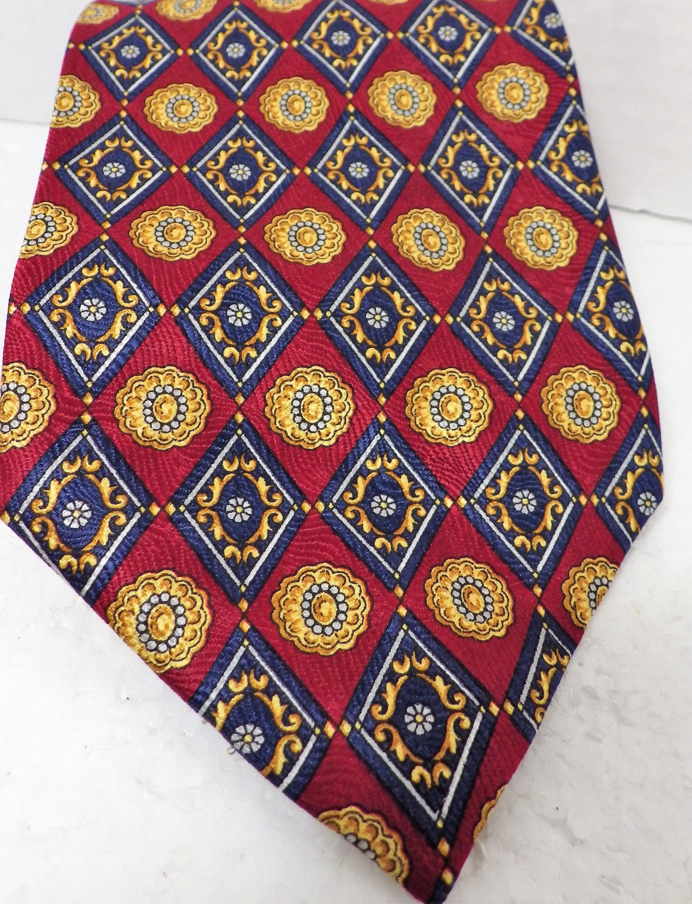 Vintage A. Mouley 1919 Paris Silk Tie Made in France Red Navy Blue Gold