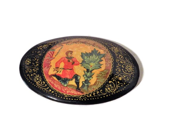 Vintage Russian Fairy Tale Lacquered Pin Oval