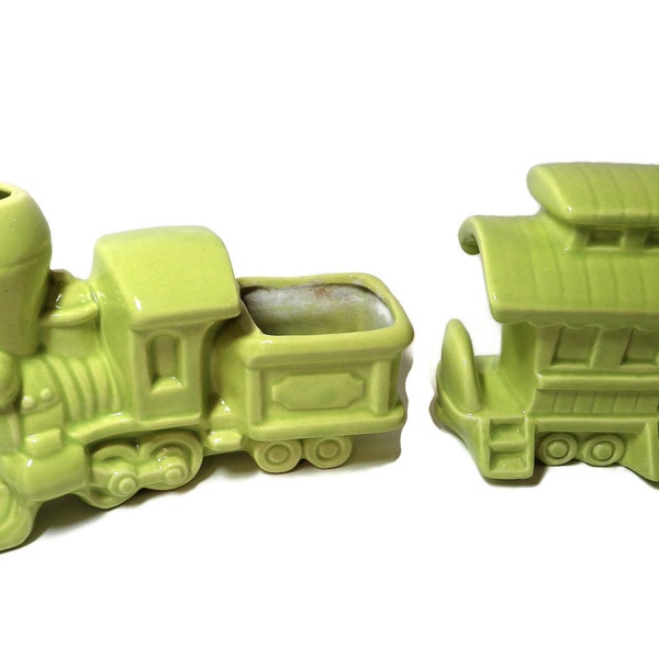 1960s Vintage USA Pottery Train Planter Engine and Caboose Lime Green Fredericksburg Two Pieces