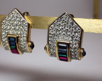1980s Vintage Clip On Earrings, Pave Emerald Cut Color Stones & Rhinestones, Chevron Shape