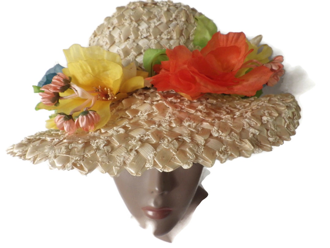 Vintage Straw Hat /christine Original/ Silk Flowers  display picture 3