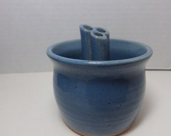 Studio Pottery Flower Frog Blue Glaze Signed SFP Three Spouts and Well
