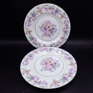 Puede incluir: Dos platos de cena de cerámica blanca con un diseño floral. Los platos tienen un borde dorado y un diseño floral central con flores rosas, amarillas y moradas.