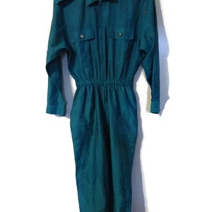 1970s Vintage Jumpsuit Saint Germain Paris Front Zip Epaulets Jade Green Pockets Size image 3