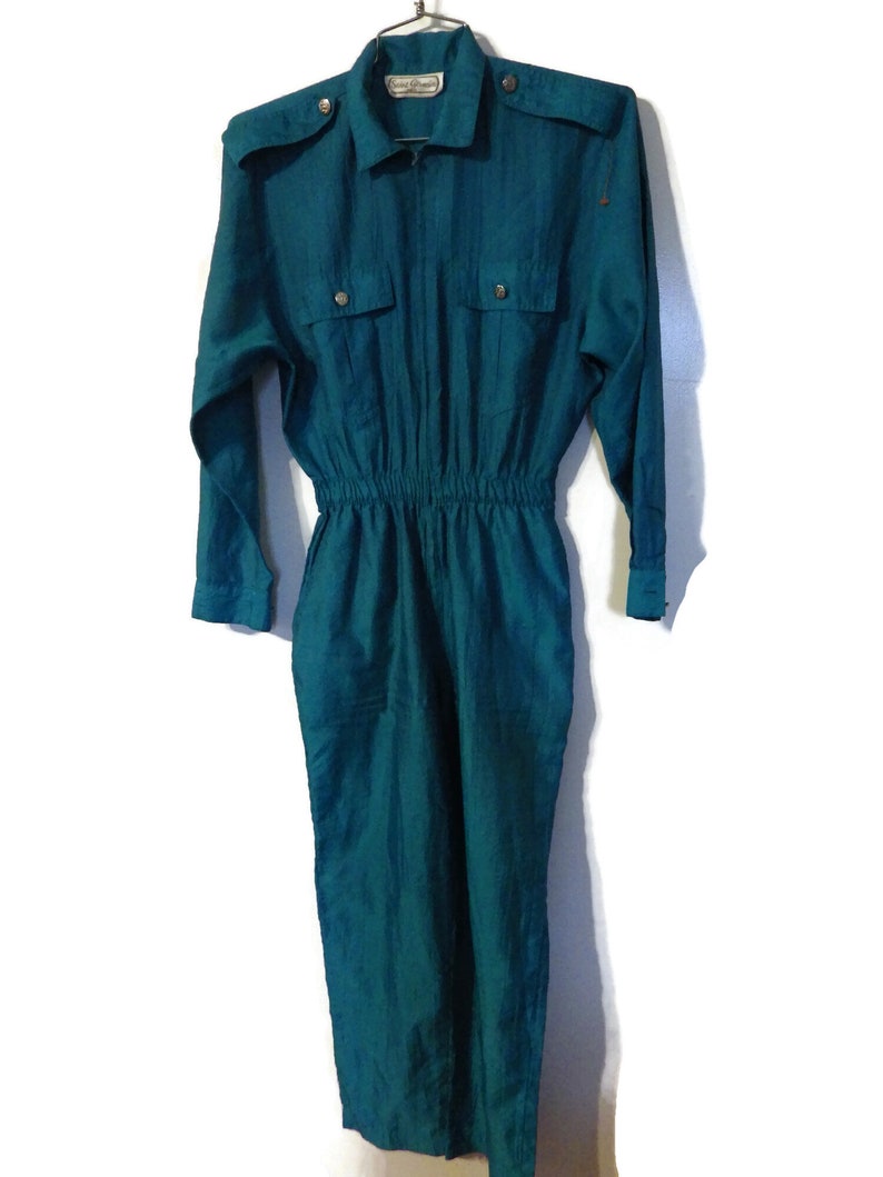 1970s Vintage Jumpsuit Saint Germain Paris Front Zip Epaulets Jade Green Pockets Size image 3