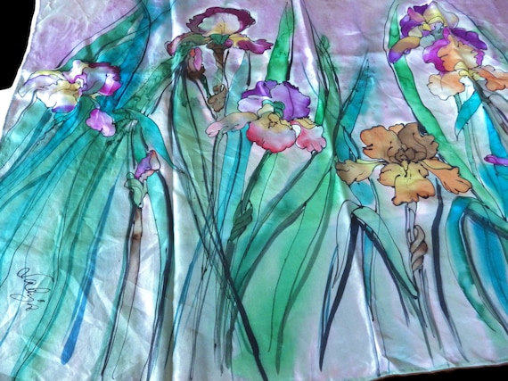 Gorgeous Hand Painted Silk Scarf/ Irises/ Signed/… - image 3