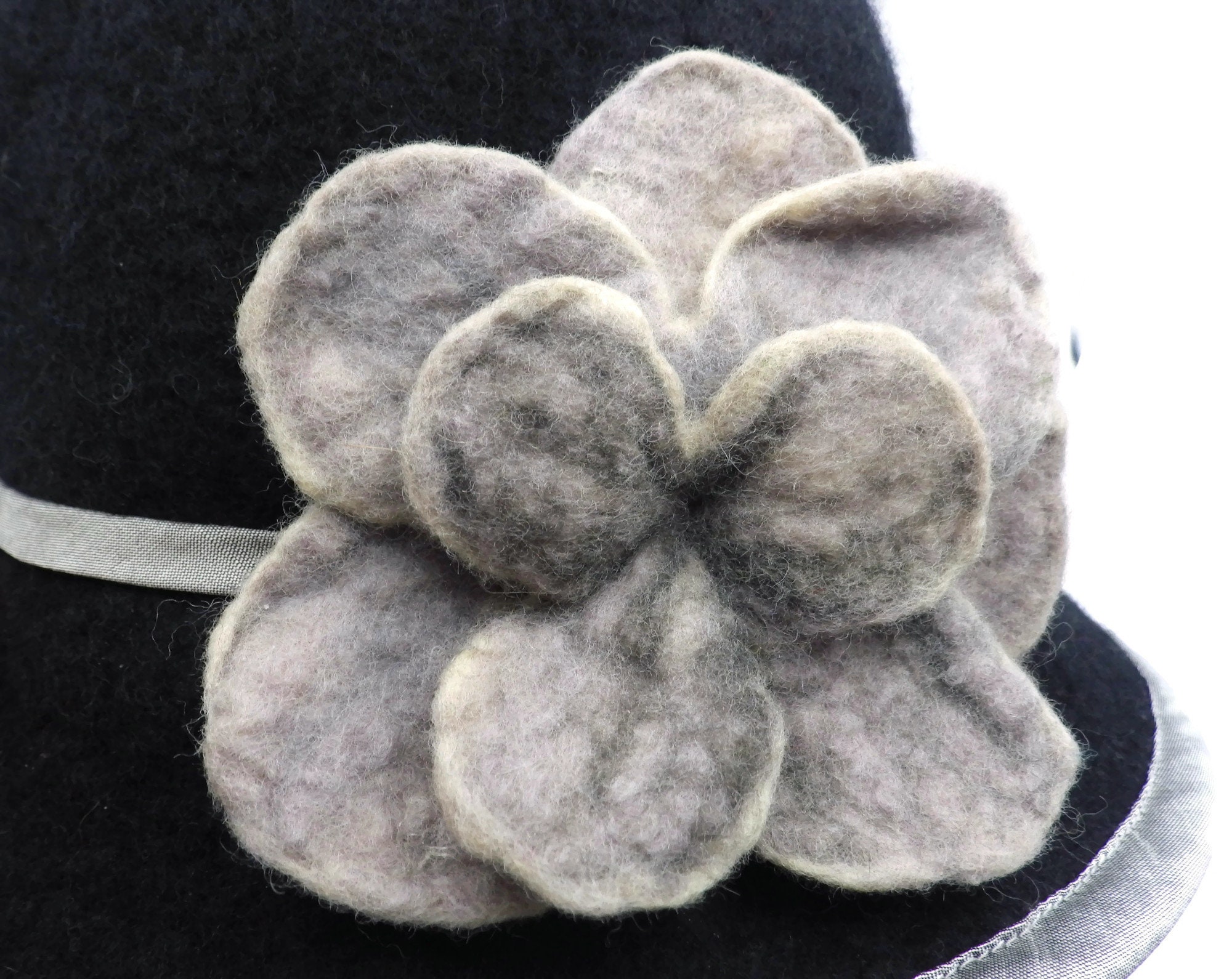 Miss Fitt Felted Black Wool Cloche Hat with Pink Felt Flowers Womens winter cloche felt hat. Pink black white wool Hat  main image 2