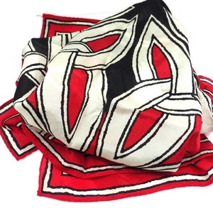 Vintage VERA Neumann Silk Scarf/ Rolled Hem/ Red/ Black/ White/ Geometric Pattern