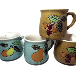 1970s Vintage Mugs/ Set of 4/  Aqua Blue & Brown/ Incised and Colored Fruits