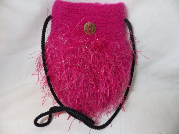 1980s Small Knit Pouch Handbag Hot Pink Eyelash Y… - image 2