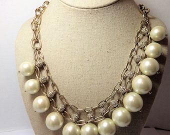 Vintage Stunning Statement Necklace Large Faux Pearls Rhinestones Goldtone Chain