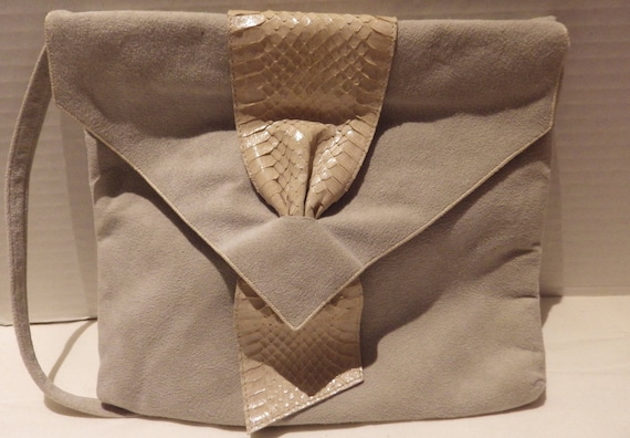 1980s Vintage REVA Ultrasuede & Snakeskin Shoulder Bag Envelope 