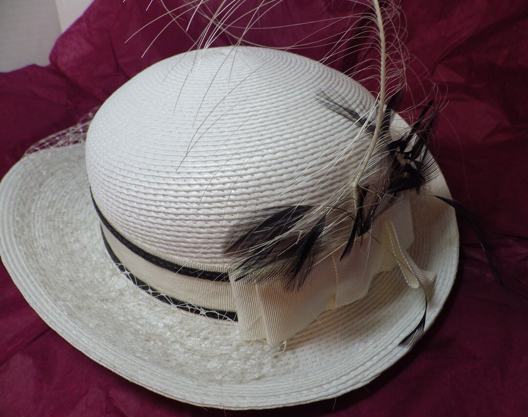 1980s Vintage White Straw Hat Black Feathers White Veil - Etsy