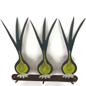 Wrought Iron Kitchen Rack/ Green Onions/ Hand Painted/ Three Hooks