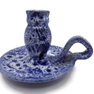 Vintage Cole Pottery Chamberstick/ Candle Holder/ Blue and White Speckle/ Signed