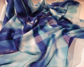 Pañuelo vintage de seda a rayas azules: cuadrado grande semitransparente (86 cm)
