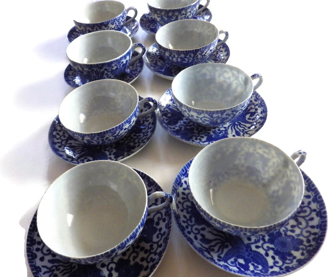 8 Vintage Tea Cups & Saucers/ Rising Phoenix/ Flying Turkey/ Blue and