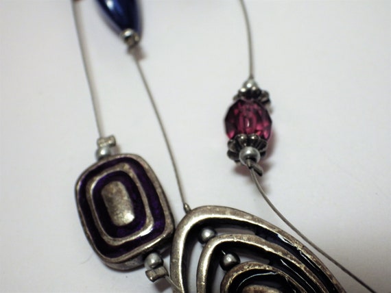 Vintage Illusion Necklace Silver Tone With Royal Blue & Purple 