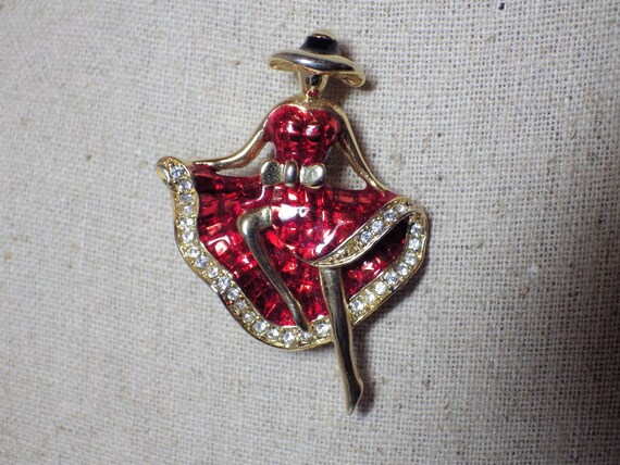 Vintage Pin Brooch Woman Dancer Red Enamel Rhines… - image 2