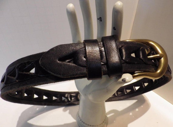 1990s Vintage Belt Black Pierced Leather FOSSIL H… - image 1