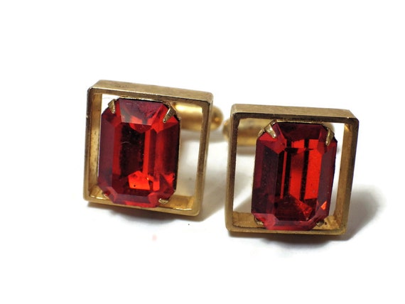 Vintage Cufflinks Emerald Cut Orange "Gems" Gold … - image 1
