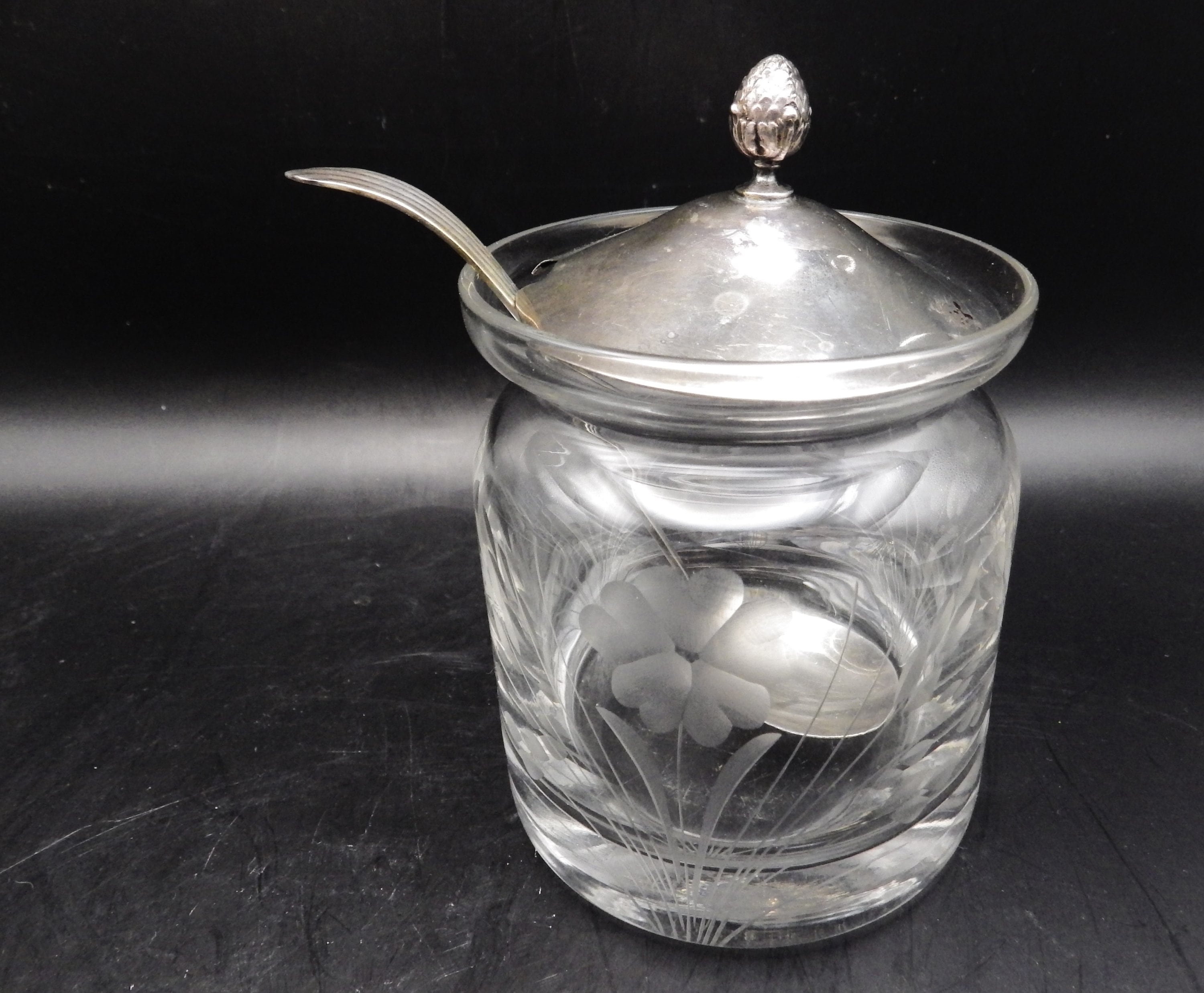 Antique Sterling Silver and Etched Glass Mustard Jar Lid & Spoon Vintage  Victorian Crystal Cut Glass Floral Design Lidded Spice Container 