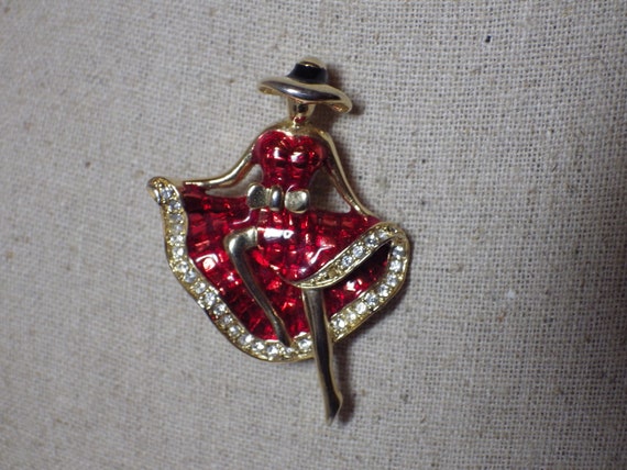 Vintage Pin Brooch Woman Dancer Red Enamel Rhines… - image 3