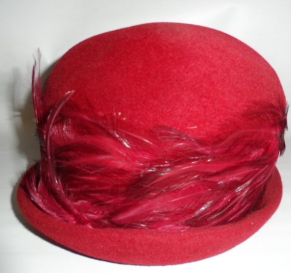 1960s Vintage Red Wool Deluxe Velour Hat Wide Fea… - image 1